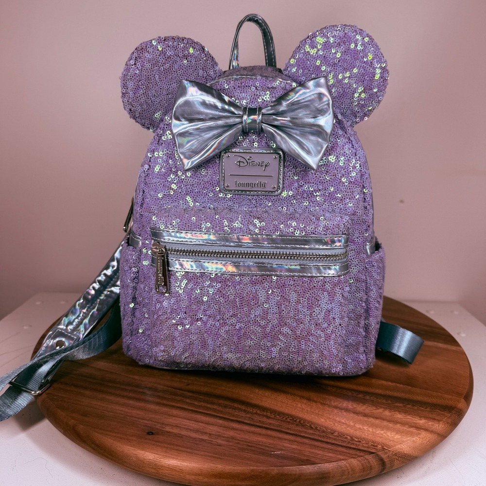 Loungefly Disney Minnie Mouse Lavender Purple Sequin Mini Backpack Bow 2022 - Picture 1 of 11
